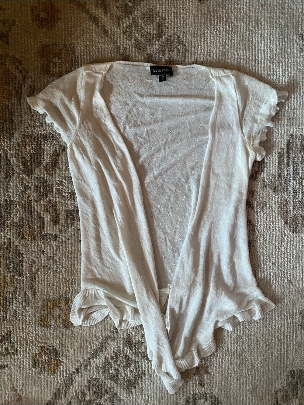 bebe White Short Sleeve Ruffle Open-Front Top